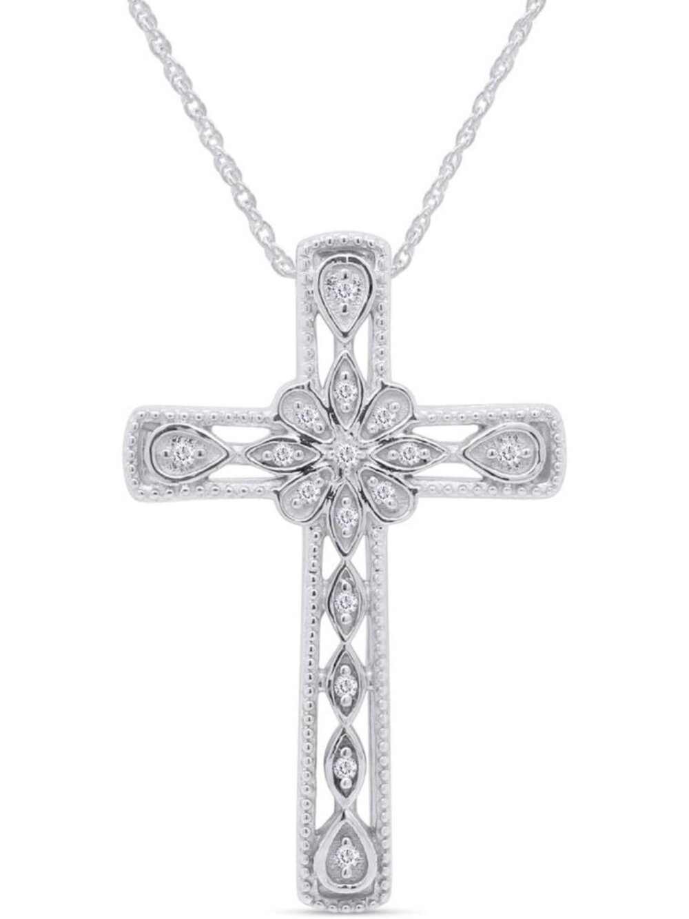 Vintage Flower Cross Pendant Necklace with Natural Diamond Accents in 14k Gold